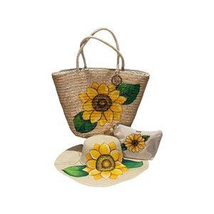 Floral Hand Painted Beach Bag with Matching Hat & Makeup Bag !